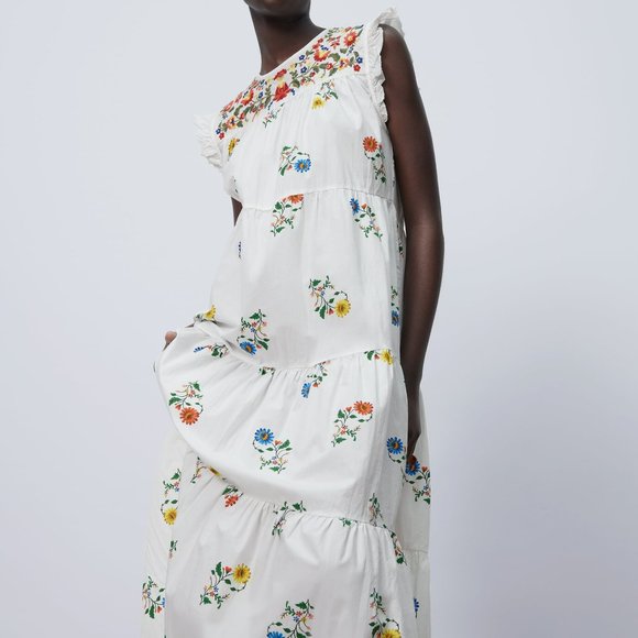 Zara White Embroidered floral Midi peasant Dress. - Picture 9 of 16